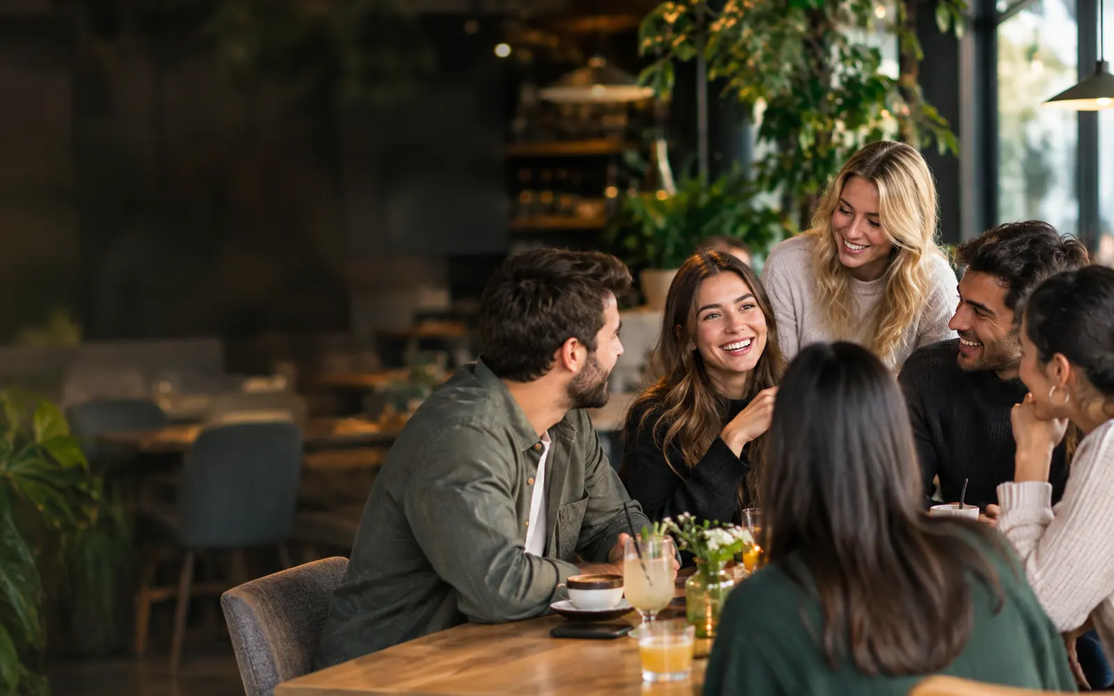 A group at one table raising their glasses